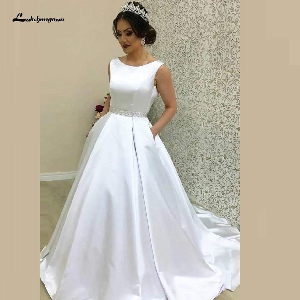 White Satin Bridal Gown for Marriage with Pockets Sexy Backless - ROYCEBRIDAL OFFICIAL STORE